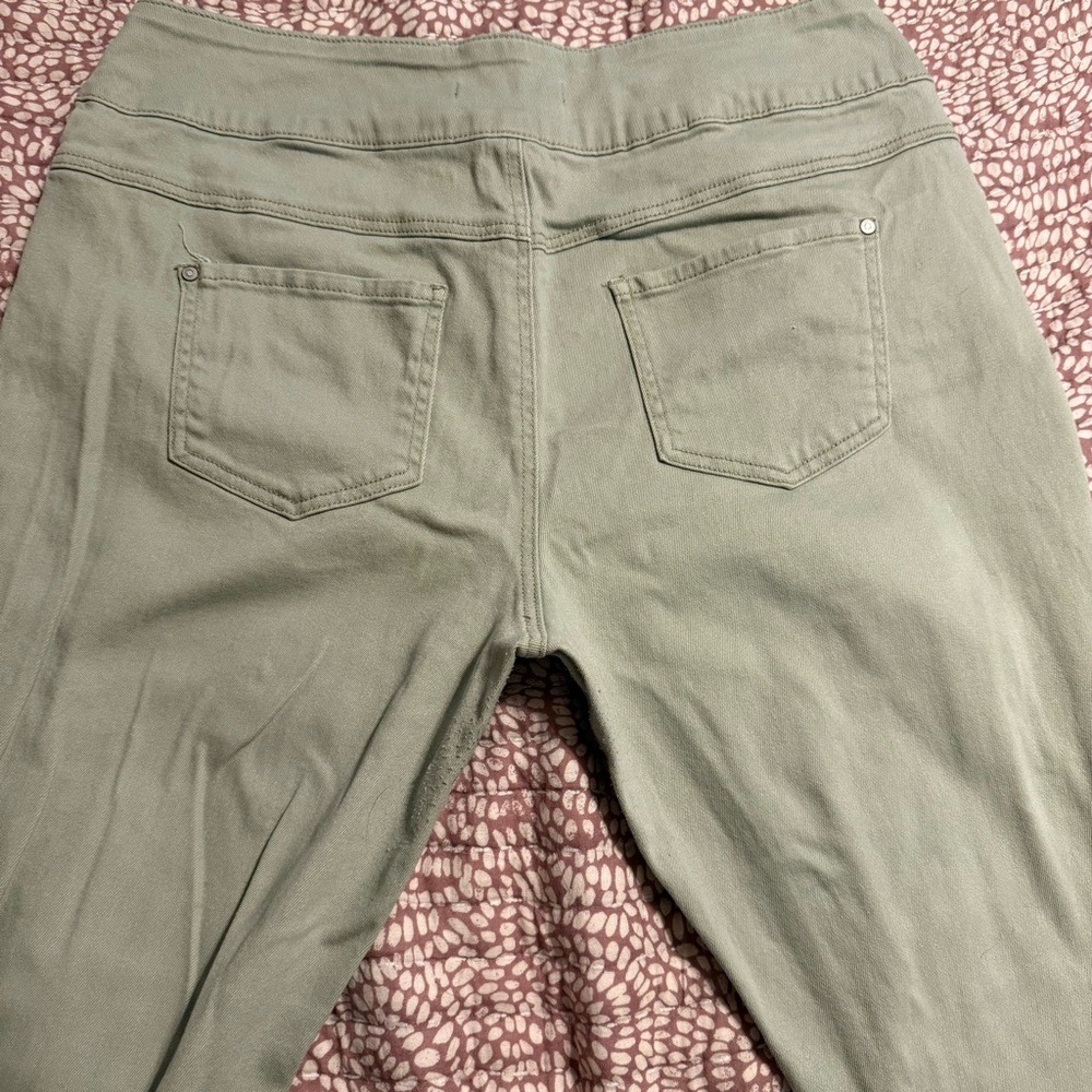 Est. 1946 Denim Sage Green Super Hi-Rise Flare Distressed Jeans 18WP Fringe Hem - Picture 12 of 13
